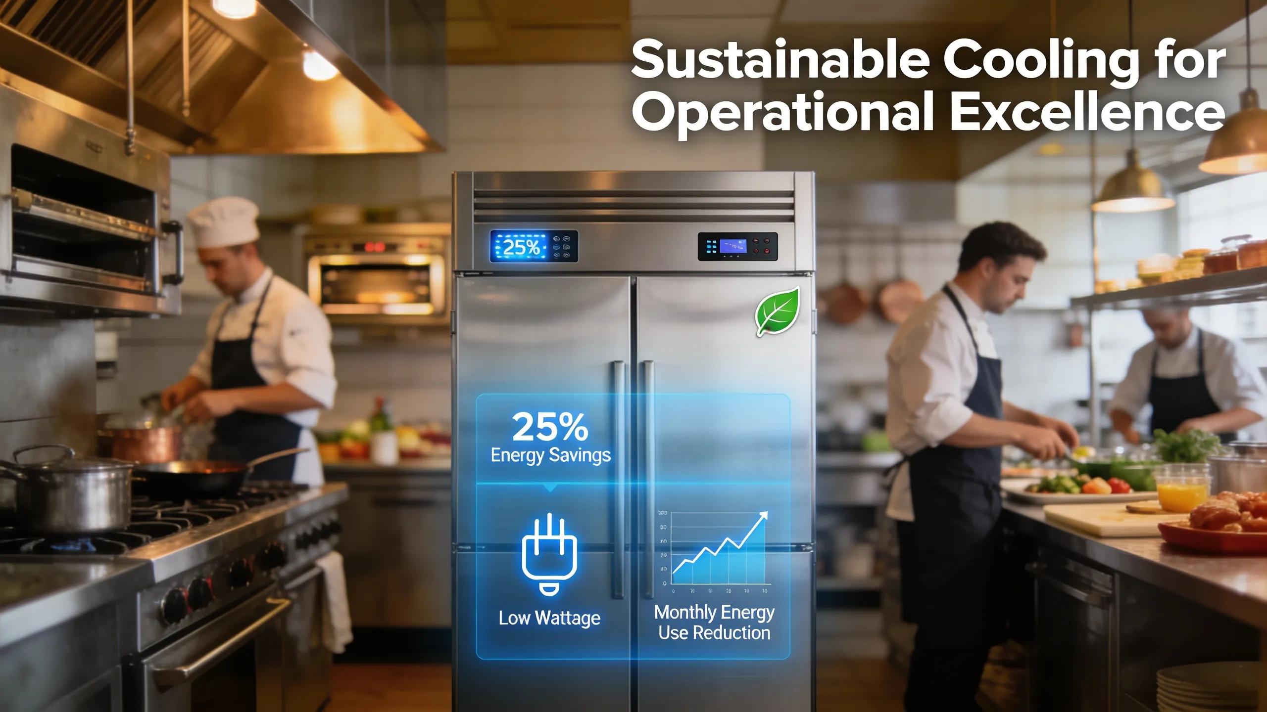 Energy-efficient commercial refrigeration system in a busy kitchen highlighting best practices