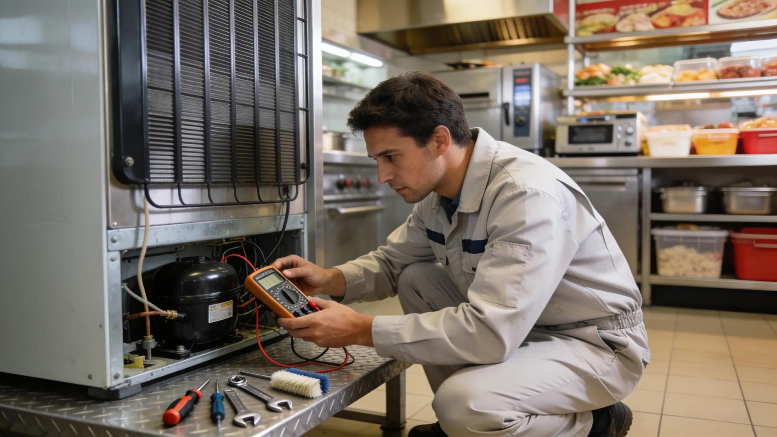 Technician performing routine maintenance on a refrigeration unit in a commercial setting