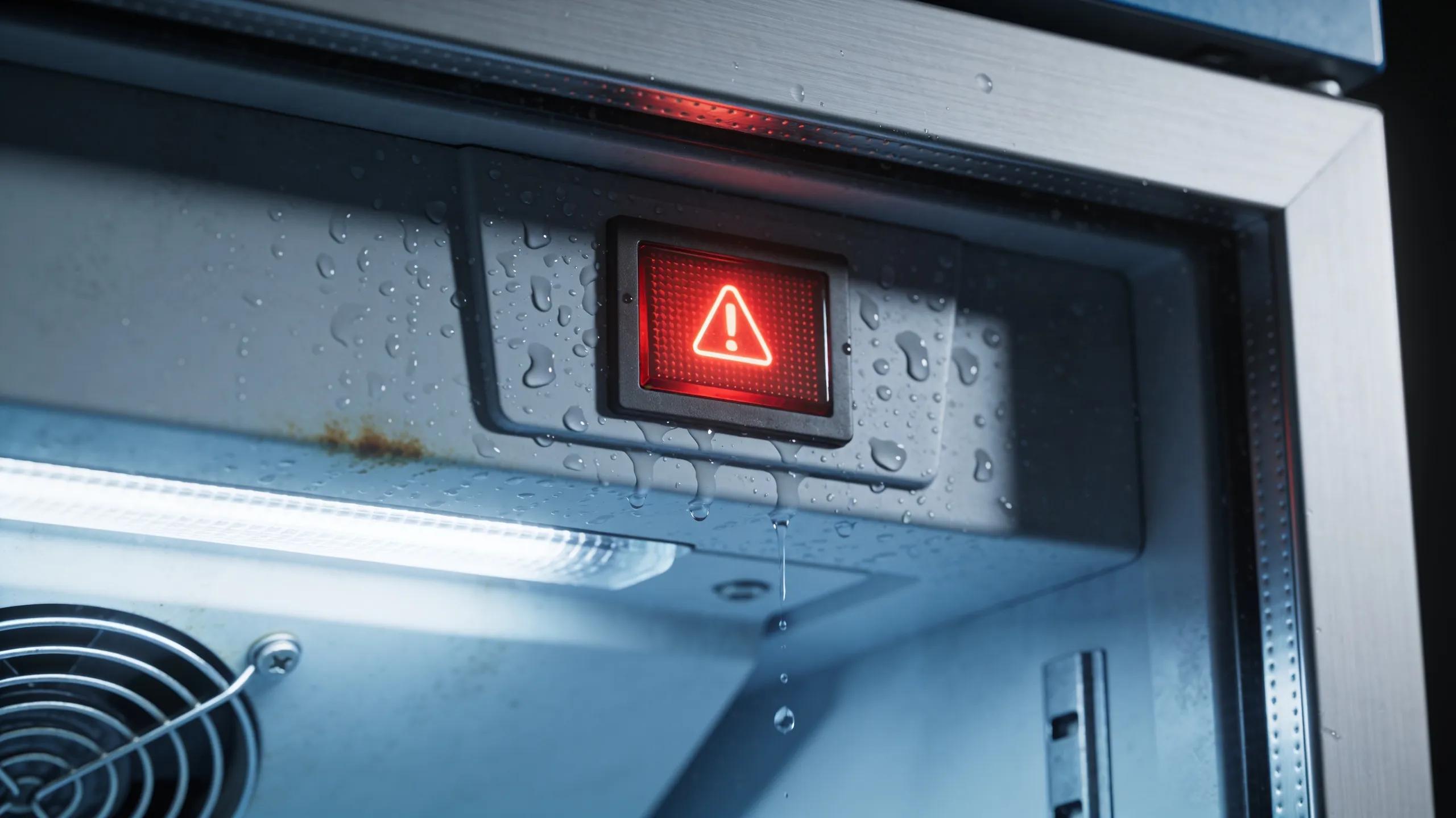 Close-up of commercial refrigeration unit showing signs of malfunction, indicating the need for repair