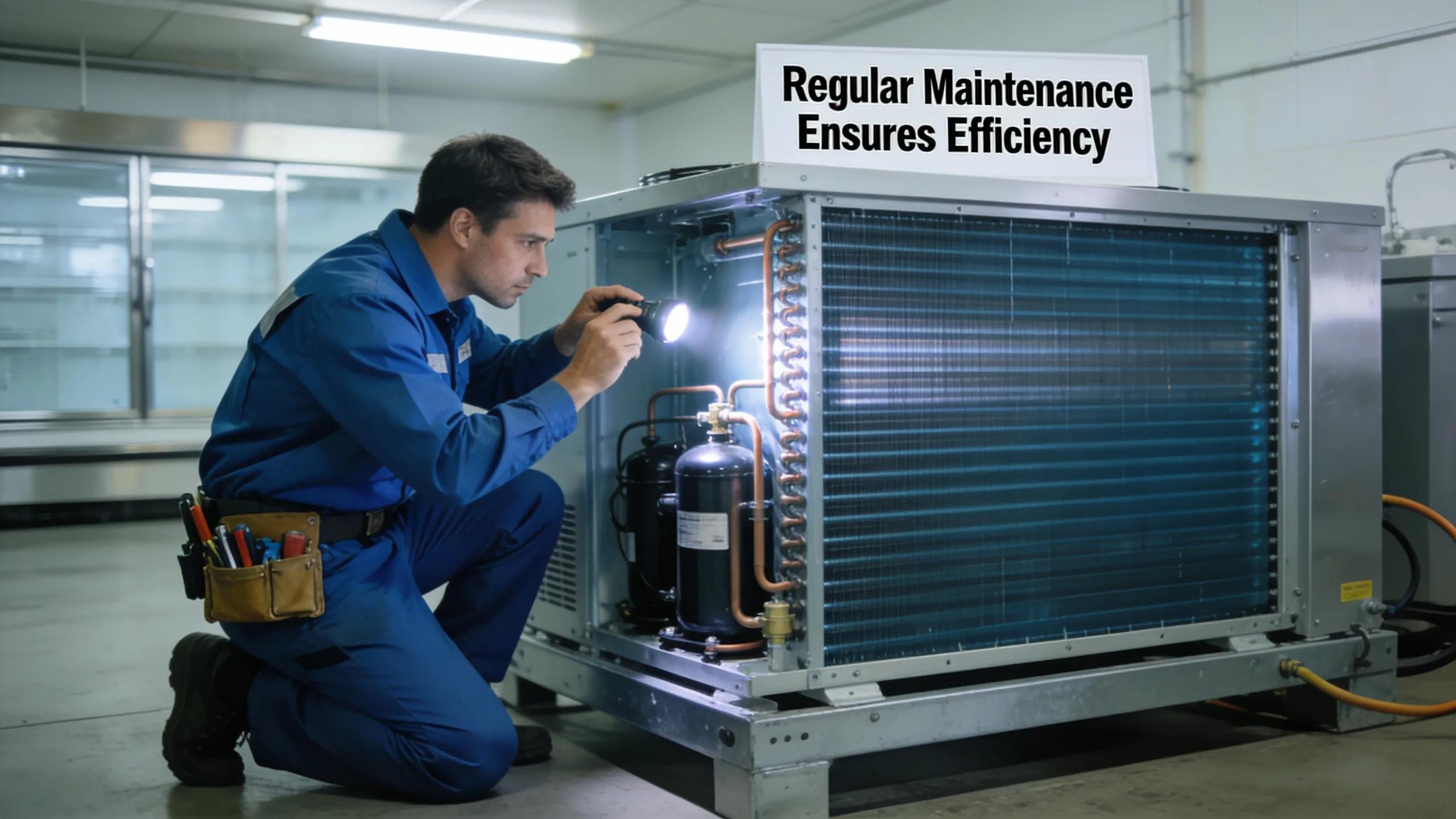 Technician performing routine maintenance on a commercial refrigeration unit, emphasizing the importance of regular upkeep