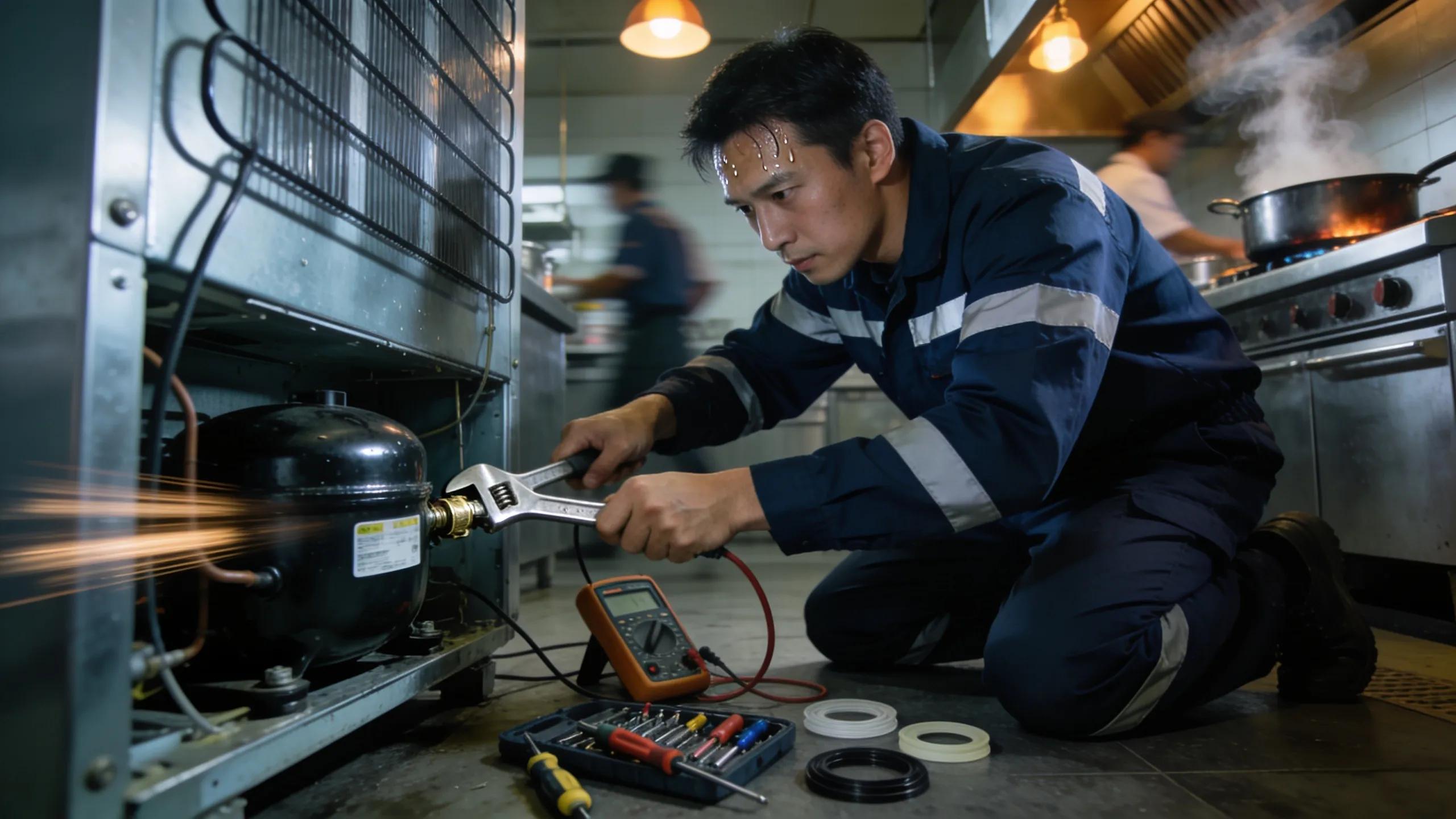 Technician performing emergency repairs on a refrigeration unit in a commercial kitchen