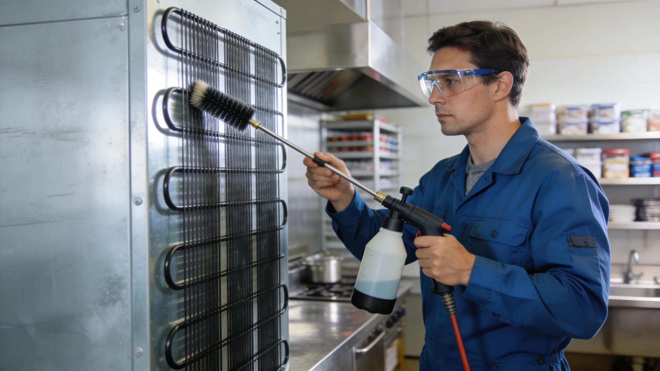 Technician cleaning refrigeration coils, highlighting essential maintenance practices
