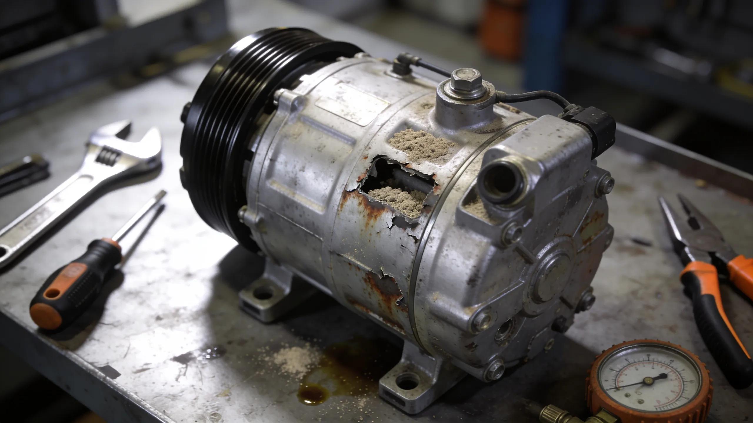 Close-up of a damaged refrigeration compressor in a workshop, illustrating the importance of timely repairs