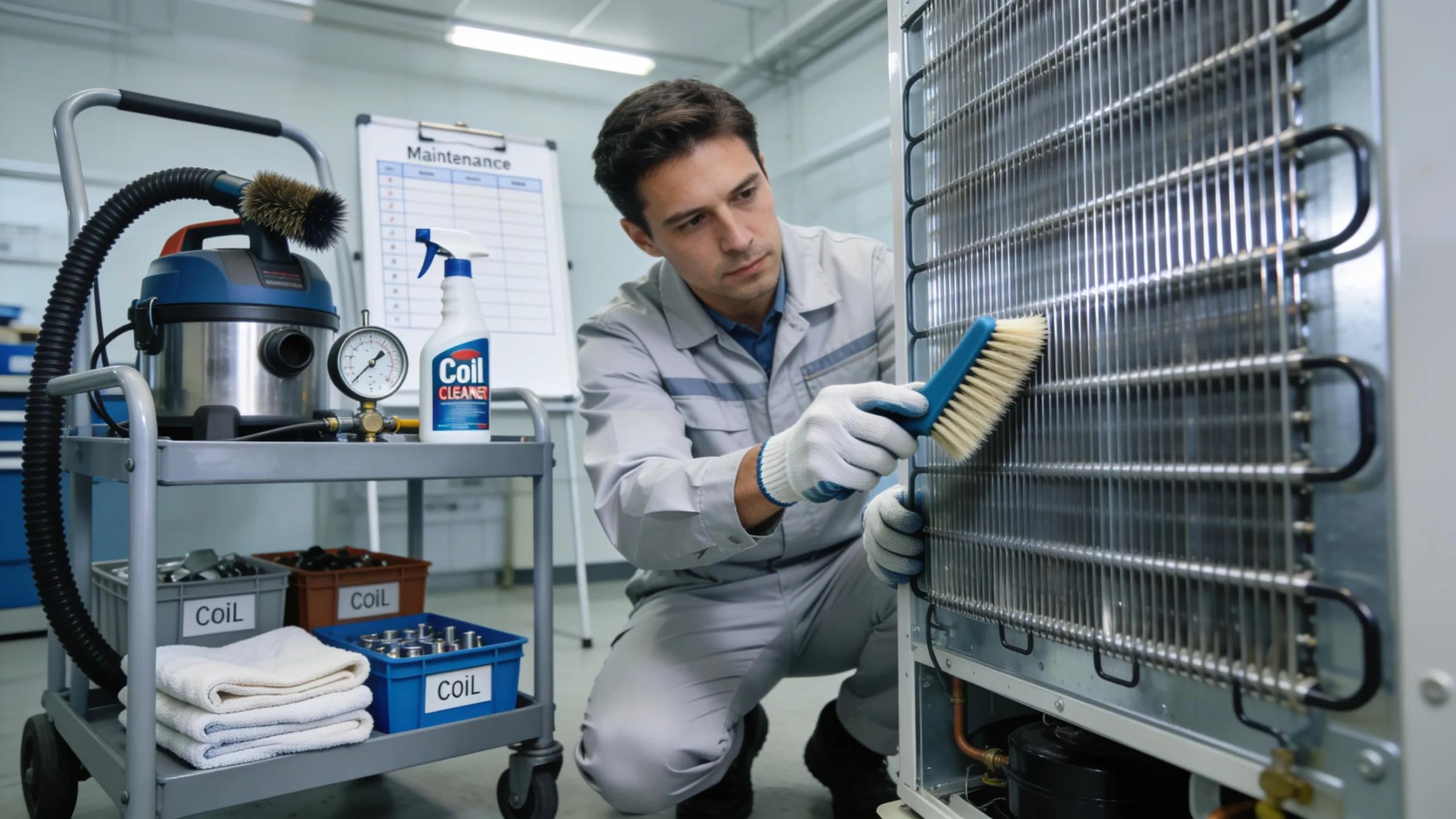 HVAC technician conducting preventative maintenance on a refrigeration system, showcasing optimal maintenance practices