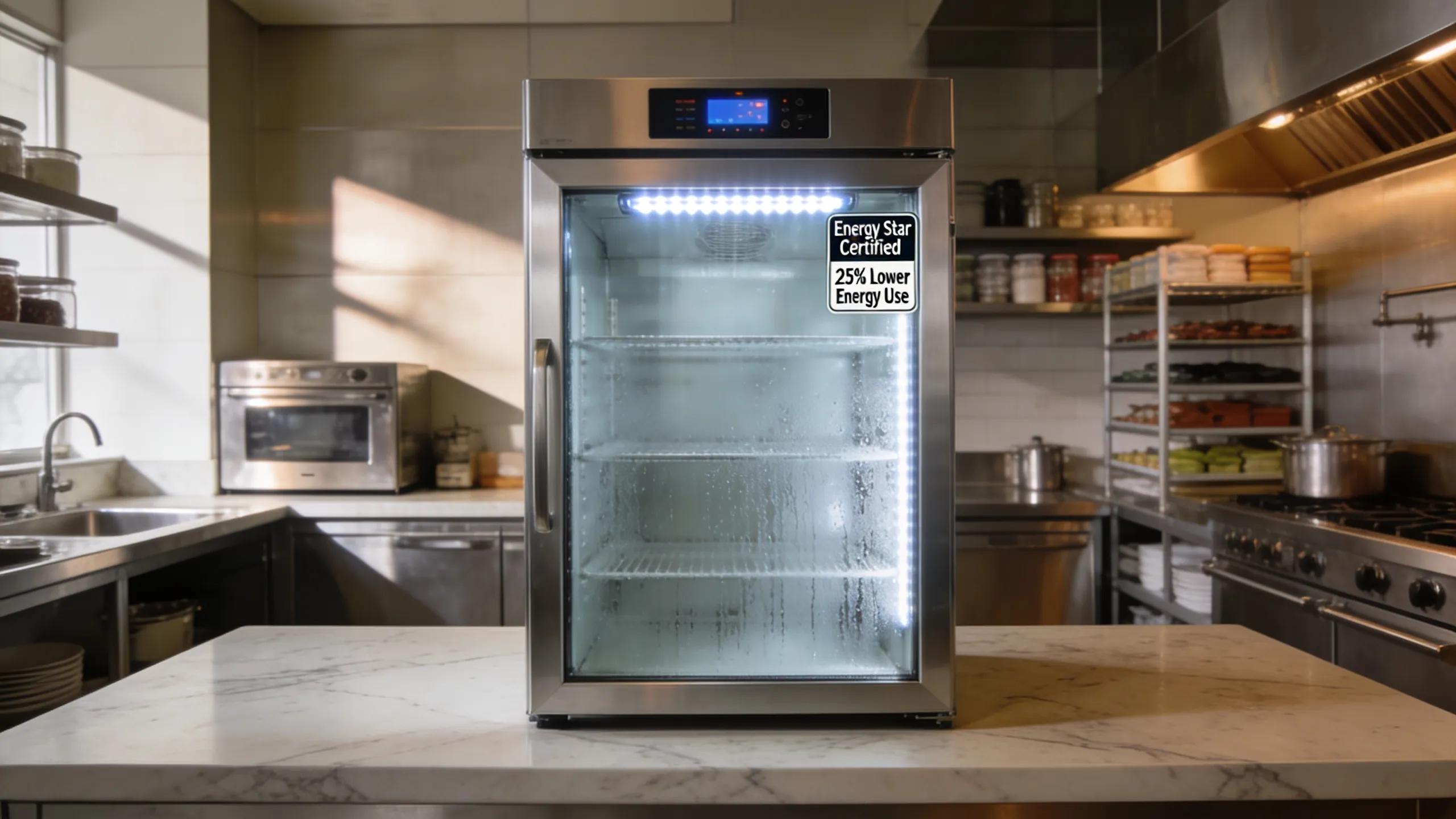 Energy-efficient commercial refrigeration unit in a modern kitchen environment