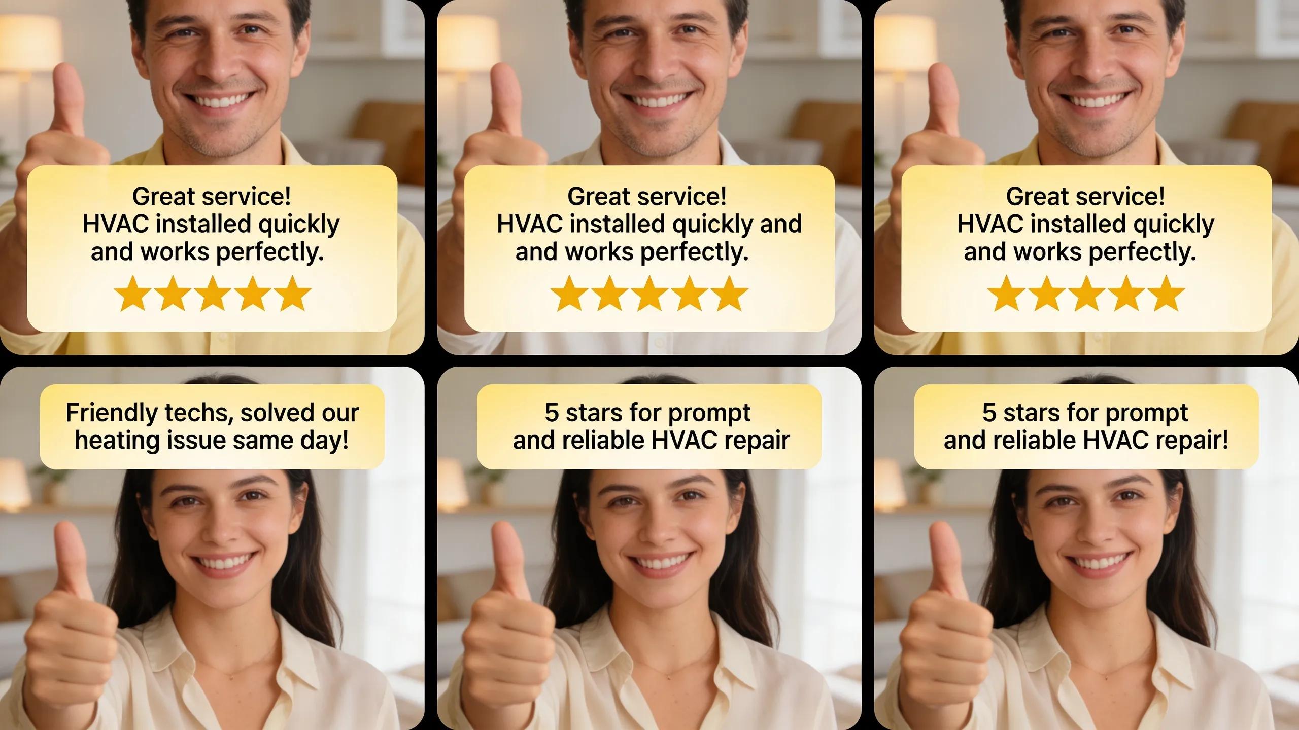 Collage of positive customer reviews and testimonials about HVAC services