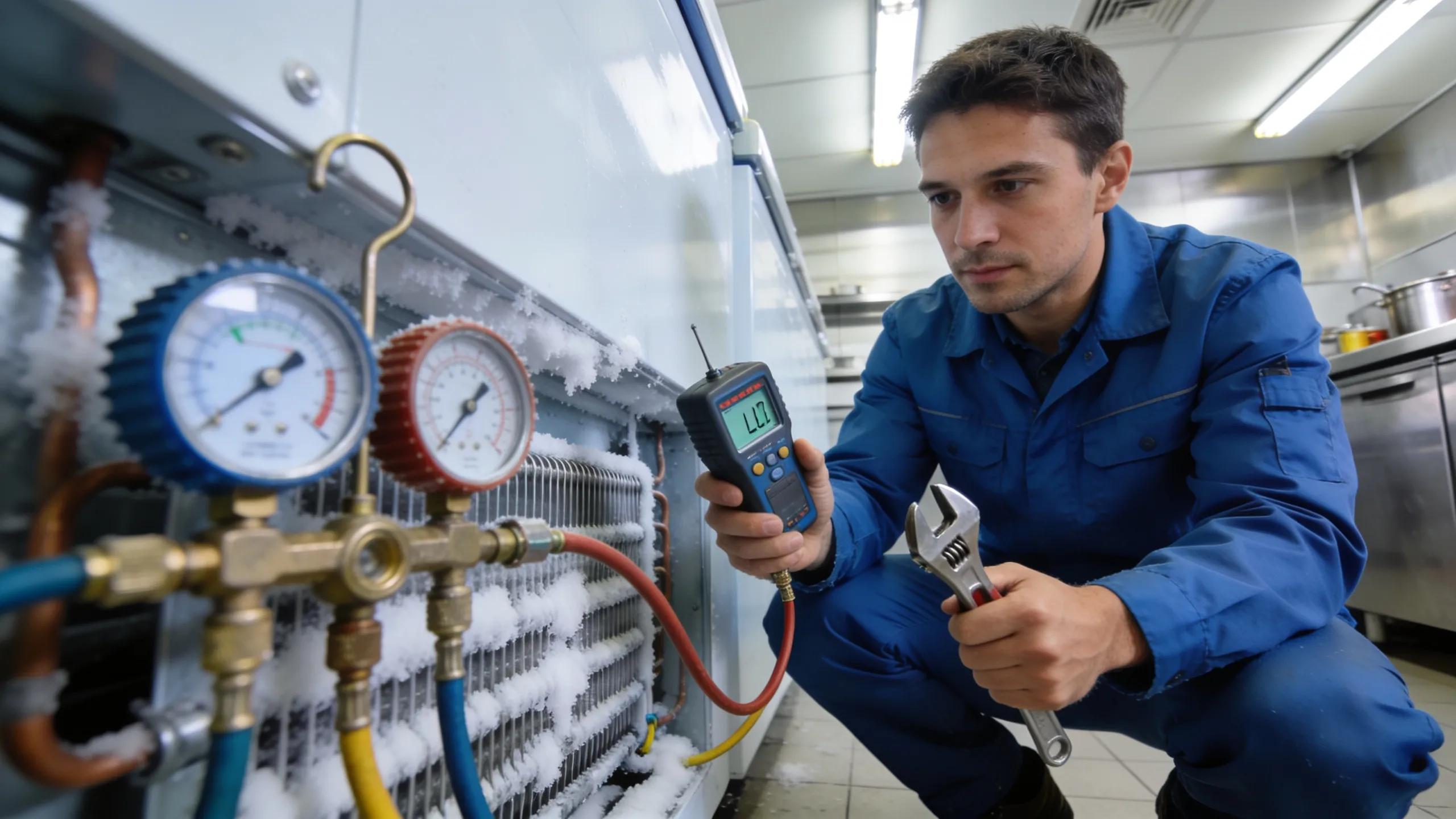 Technician fixing refrigerant leakage in a commercial freezer
