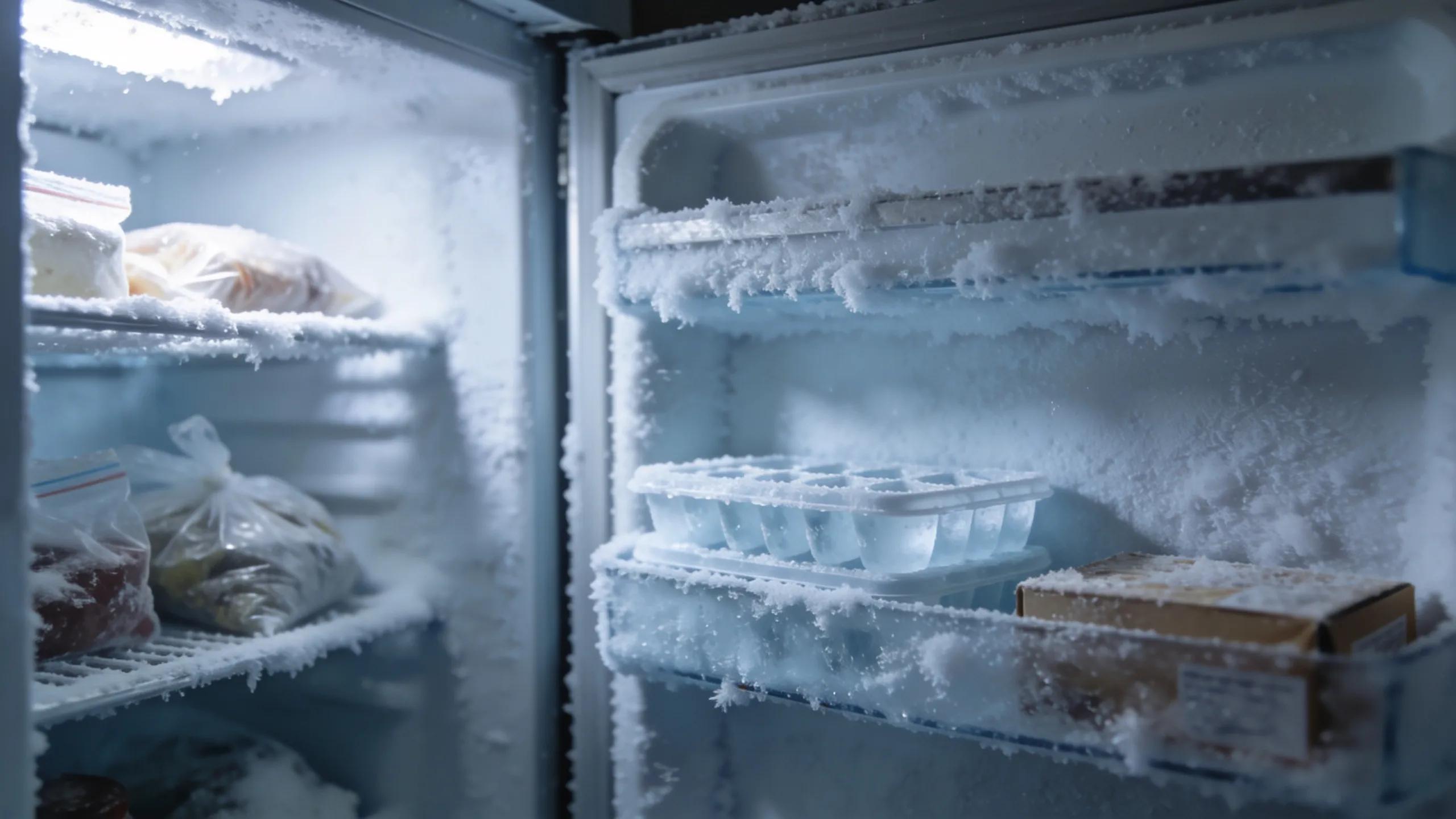 Inside view of a freezer with significant frost build-up, indicating need for repair