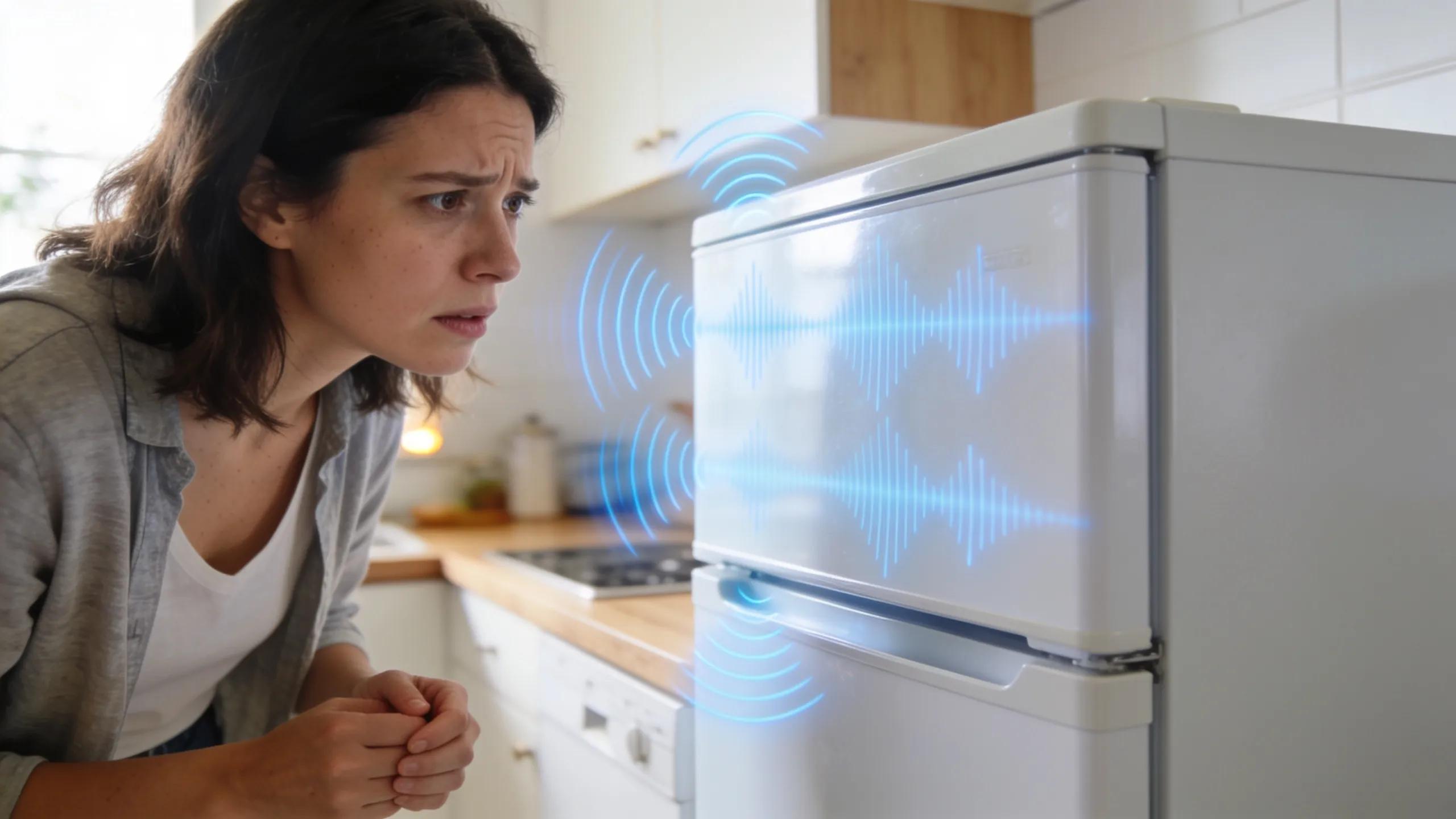 Close-up of a freezer with sound wave graphics, depicting unusual noises indicating malfunctions